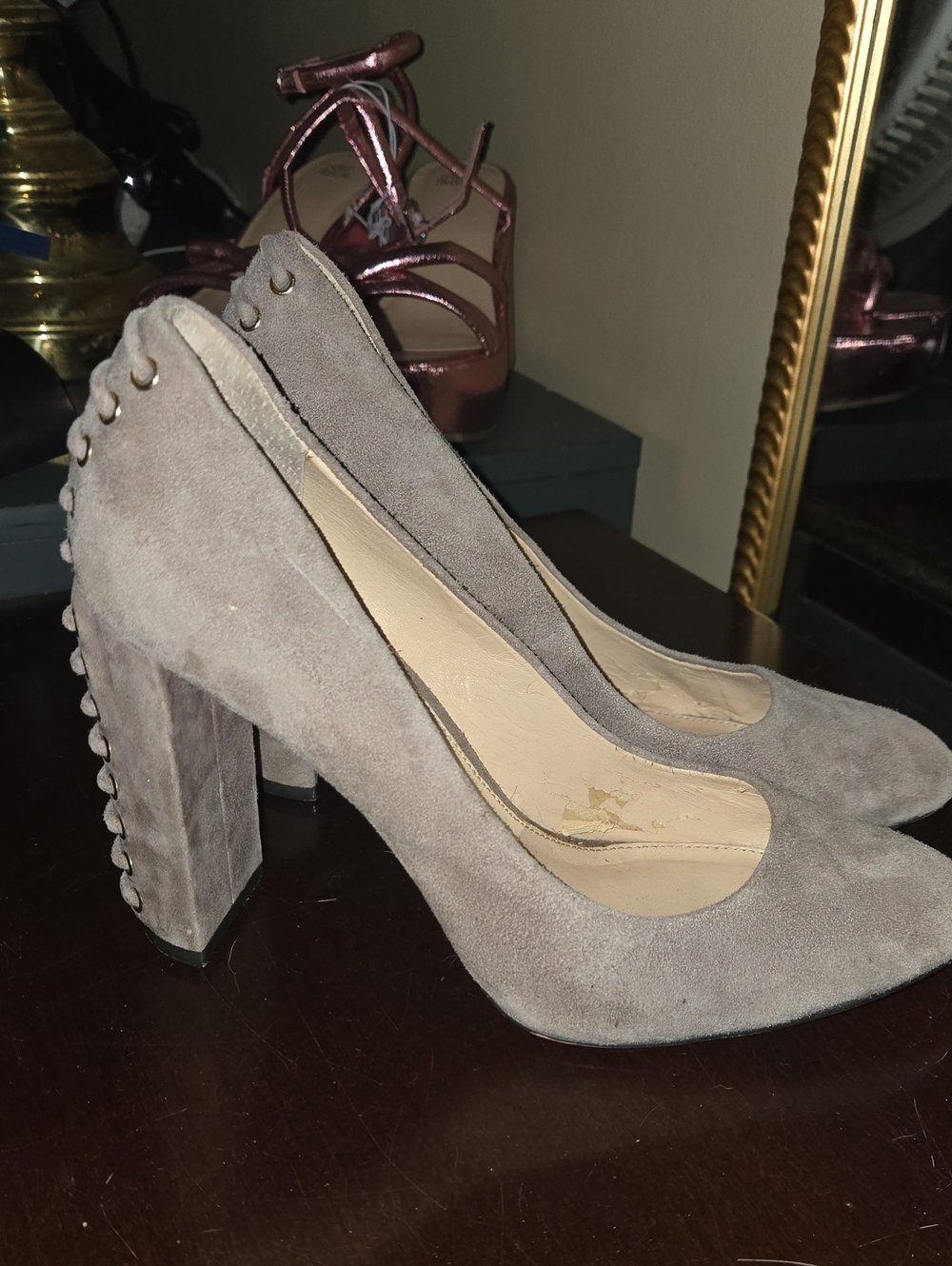 Vince Camuto Taupe Suede Block Heel Pumps